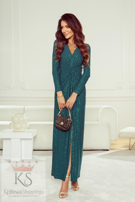 Sukienka długa marszczenie rękaw brokat zieleń